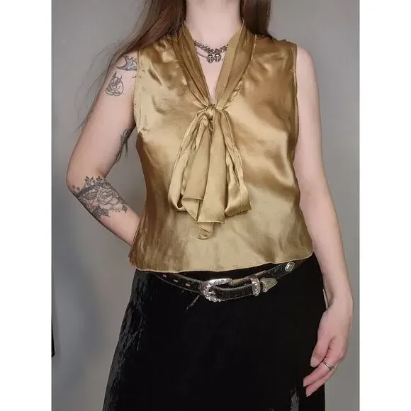 Y2k The Limited Gold Shimmery V-Neck Tie Front Poet Silk Croquette Tank Top Sz S - Picture 2 of 8